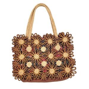 Woven Raffia Daisy Flower Tote Bag Natural Straw Boho 12x9 Medium Shoulder Bag
